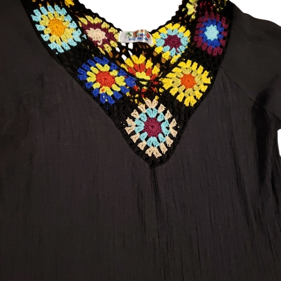 Granny Square Knit Gauze Black Swim Coverup OS - Picture 3 of 6